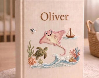 Personalized Pink Stingray Baby Photo Album, Hand Embroidered Linen Memory Book, Custom Newborn Keepsake, Stingray Gift for Girl Boy