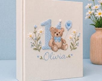 Personalized Bear First Birthday Photo Album, Custom Name Memory Book, Embroidered Teddy Bear Keepsake, 1st Birthday Scrapbook Gift for Baby