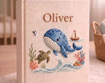 Personalized Blue Whale Baby Photo Album, Hand Embroidered Linen Memory Book, Custom Newborn Keepsake, Whale Gift for Girl Boy