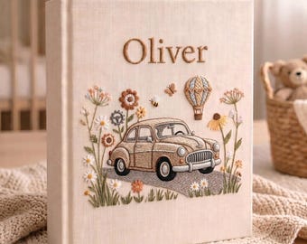 Personalized Car Baby Photo Album, Hand Embroidered Linen Memory Book, Custom Newborn Keepsake, Car Gift for Girl Boy, Car Flower Embroidery