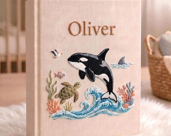 Personalized Orca Baby Photo Album, Hand Embroidered Linen Memory Book, Custom Newborn Keepsake, Killer Whale Gift for Girl Boy