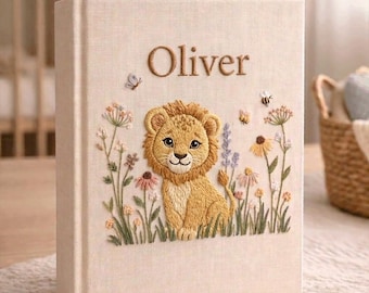 Lion Baby Memory Book, Personalized Embroidered Linen Photo Album, Newborn Keepsake Gift, Baby First Memories Album