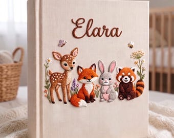 Woodland Animal Baby Memory Book, Personalized Embroidered Linen Photo Album, Red Panda Rabbit Fox Deer Newborn Keepsake Gift
