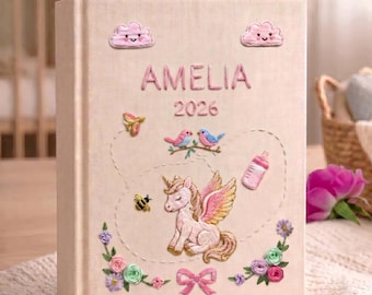 Pegasus Baby Memory Book, Personalized Embroidered Linen Photo Album, Winged Horse Newborn Keepsake Gift, Pegasus Book For Girl