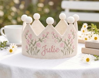 Flower Embroidered Birthday Crown, Floral Linen Crown, Custom Name Baby Birthday Hat, First Birthday Gift, Embroidery Handmade Crown