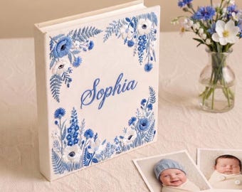 Personalized Embroidered Photo Album, Hand Embroidered Blue Flower Album, Photo Album with Sleeves, Anniversary Gift