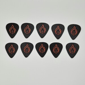 May include: Ten black guitar picks with a textured surface. Each pick features a red flame and leaf design. The picks are arranged in two rows of five against a white background.