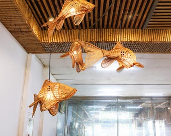 Rattan Pendant Light Hanging Fish Light Rattan Lamp Shade Wicker Rustic Decor