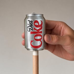 May include: A silver aluminum Diet Coke soda can topper attached to a light-colored wooden stick. The can features the Diet Coke logo in red and black text. The metallic surface is reflective, and the top of the can has a standard pull tab.