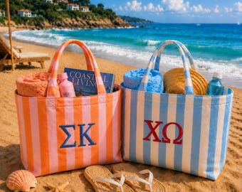 Embroidered Sorority  Tote Bag, Embroidered Greek Letters Tote Bag, Striped Beach Tote, Personalized Monogram Canvas Bag, Greek Life Gift