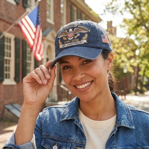Puede incluir: Gorra de b&eacute;isbol azul marino con texto dorado bordado "UNITED STATES OF AMERICA 1776-2026 250th ANNIVERSARY". La gorra tambi&eacute;n tiene una bandera americana bordada en el lateral.