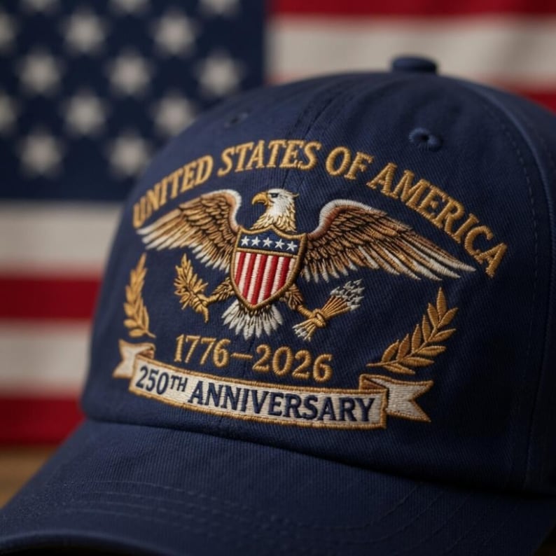 Puede incluir: Gorra de b&eacute;isbol azul marino bordada con "UNITED STATES OF AMERICA" y un emblema de &aacute;guila dorada. La gorra conmemora el 250 aniversario, con las fechas 1776-2026. La bandera estadounidense es visible en el fondo.