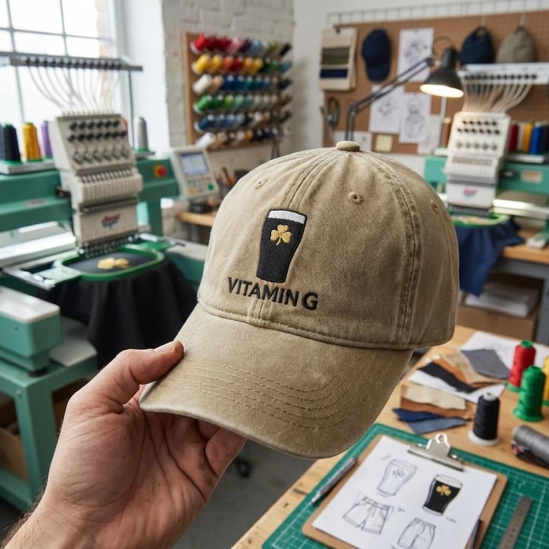 K&ouml;nnte beinhalten: Beige Baseballcap mit schwarzem Pint-Design, Kleeblatt und dem Text "VITAMIN G". Die Kappe wird vor einer Stickmaschine pr&auml;sentiert, die den Ursprung des Produkts zeigt.
