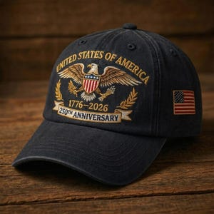 Puede incluir: Gorra de b&eacute;isbol negra con bordados dorados y rojos. La gorra muestra un emblema de &aacute;guila con las palabras "UNITED STATES OF AMERICA" y "1776-2026 250TH ANNIVERSARY". Un parche de la bandera estadounidense est&aacute; en el lateral.