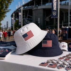 May include: A white bucket hat and a navy blue bucket hat, each featuring a rectangular embroidered patch of the United States flag on the front. The hats are displayed on a table alongside other items including keychains and apparel.