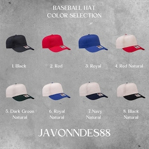 May include: A selection of baseball hats in various colors, including black, red, and blue. The hats have a classic design with a curved brim and adjustable strap. The image includes the text "BASEBALL HAT COLOR SELECTION".