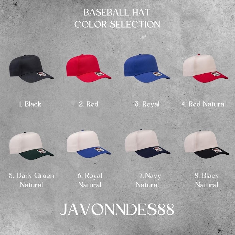 May include: A selection of baseball hats in various colors, including black, red, and blue. The hats have a classic design with a curved brim and adjustable strap. The image includes the text "BASEBALL HAT COLOR SELECTION".