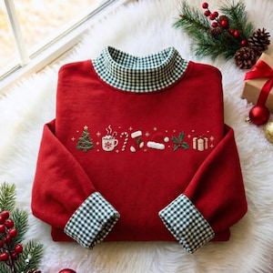 Embroidered Merry Gingham Mockneck Sweatshirt, Holiday Tree Hot Cocoa Stocking Gift Shirt, Minimalist Festive Winter Tee, Cozy Xmas Gift
