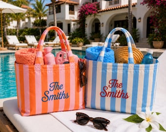 Personalized Embroidered Tote Bag, Custom Name Tote Bag, Striped Beach Tote Bag, Family Beach Totes, Striped Carryall Bag, Group Tote Bag