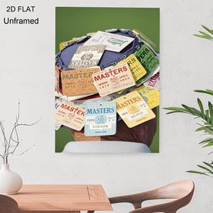 May include: A framed print featuring a close-up of a hat adorned with numerous vintage Masters Tournament badges. The badges, in various colors, display years like 1970, 1971, and 1989, with text including "MASTERS" and event dates. The background is green.