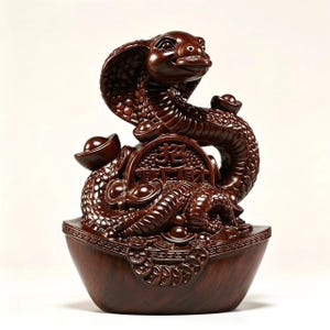 Può includere: Una scultura in legno lucido marrone scuro raffigurante un cobra con il cappuccio spiegato. Il serpente tiene una moneta in bocca ed è avvolto attorno a diversi lingotti dorati e a un medaglione circolare con caratteri cinesi e motivi a moneta.