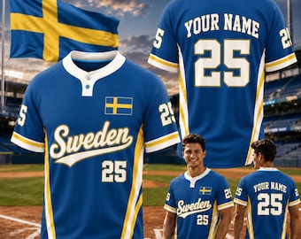 Custom Sweden Henley Baseball Jersey, Personalized Name Number Sweden Flag Shirt for Men