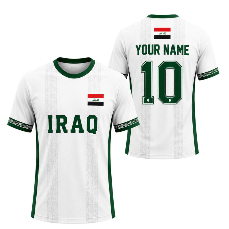 May include: White soccer jersey with green trim and the word "IRAQ" in green block letters. The jersey features the Iraqi flag and the number 10 on the back, with space for a name. The sleeves have a decorative green pattern.