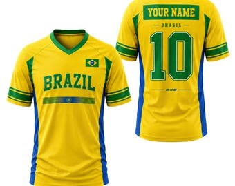 Custom Brazil V-Neck Soccer Jersey, Personalized Name Number Brazil Flag Shirt