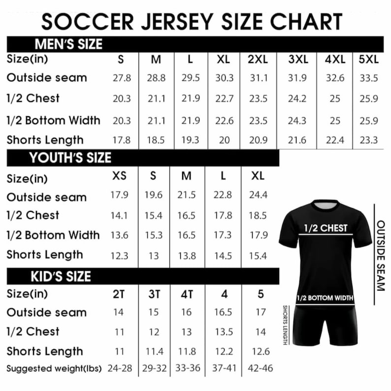 Pu&ograve; includere: Tabella delle taglie delle maglie da calcio con misure in pollici per uomo, ragazzo e bambino. Include cucitura esterna, 1/2 petto, 1/2 larghezza inferiore e lunghezza pantaloncini. Mostra anche il peso suggerito in libbre per bambini.