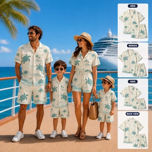 May include: Matching family outfits featuring a cream-colored button-down shirt and shorts set. The shirts and shorts are decorated with a teal turtle and palm tree pattern. The family is standing on a wooden deck with a cruise ship in the background.