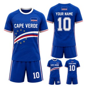 May include: A blue soccer uniform set featuring a jersey and shorts. The jersey has the words "CAPE VERDE" and the number "10" on the front and back. The uniform includes the Cape Verde flag and a design with stars and stripes.