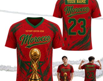 Custom Morocco V-Neck Soccer Jersey, Victory Soccer 2026 Personalized Name Number Shirt