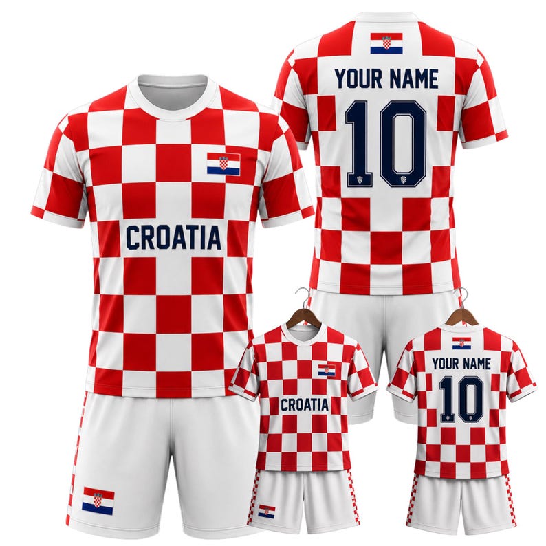 May include: A set of Croatia soccer jerseys in red and white checkered pattern. The jerseys have the word "CROATIA" printed on the front and the Croatian flag. One jersey has the number 10 and "YOUR NAME" on the back.