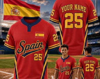 Custom Spain Henley Baseball Jersey, Personalized Name Number Spain Flag Shirt for Men