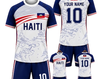 Divisa da calcio personalizzata di Haiti, kit da calcio bianco e blu, maglia personalizzata