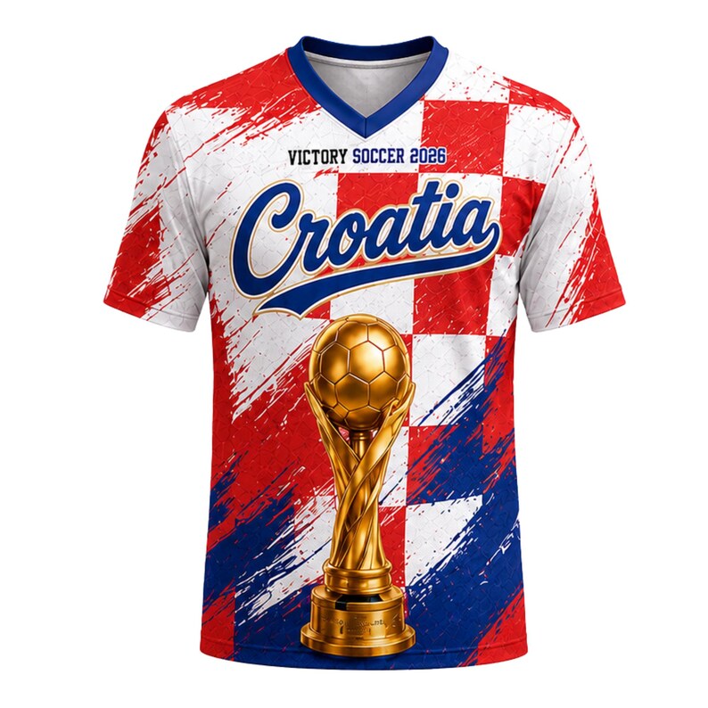 Pu&ograve; includere: Maglia da calcio croata bianca, rossa e blu con scollo a V. Presenta un motivo a scacchi, la scritta "Croatia" in blu e un trofeo dorato. &Egrave; visibile anche il testo "Victory Soccer 2026".