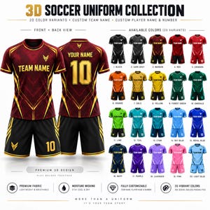 May include: A 3D football kit collection featuring a maroon and gold shirt with the text TEAM NAME and matching black shorts with the number 10. The display shows front and back views, 20 colour variants, and highlights features like moisture-wicking fabric.