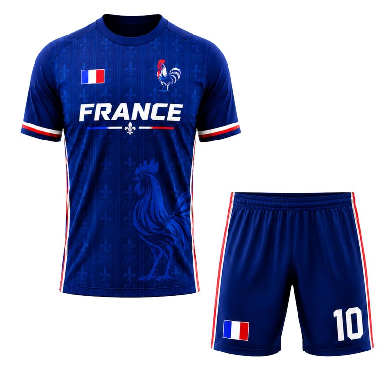 Pu&ograve; includere: Un completo da calcio blu composto da maglia e pantaloncini. La maglia presenta la scritta "FRANCE", un gallo e la bandiera francese. I pantaloncini hanno il numero 10 e la bandiera francese. Strisce rosse e bianche rifiniscono la maglia e i pantaloncini.