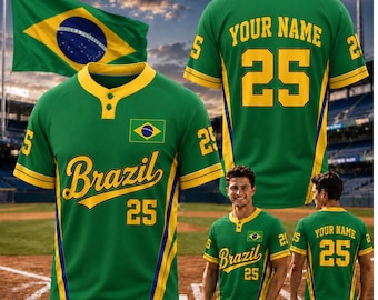 Custom Brazil Henley Baseball Jersey, Personalized Name Number Brazil Flag Shirt for Men