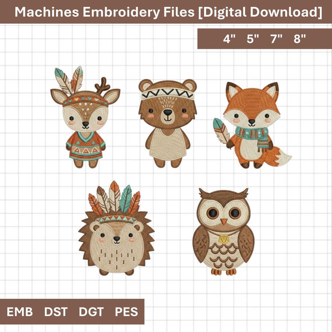 Woodland Tribal Animals Embroidery Design, Deer Bear Fox Owl Hedgehog ...