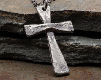 Mens Cross Necklace, Sterling Silver Pendant, Rustic Vintage Style Handmade Christian Jewelry, Gift for Him