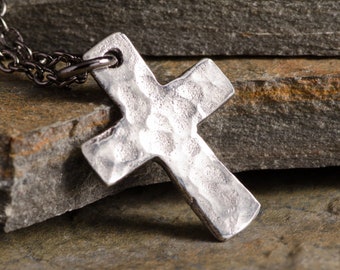 Tiny Hammered Silver Cross Necklace, Sterling Silver Pendant, Handmade Rustic Christian Jewelry, Gift for Children Men or Women