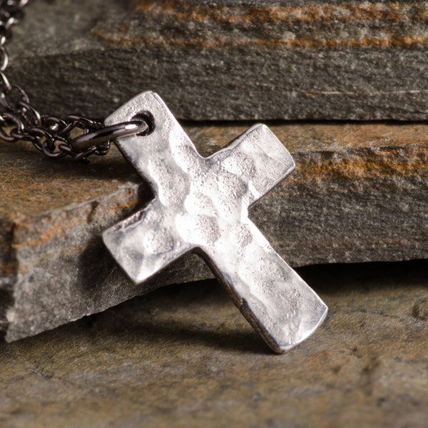 Tiny Hammered Silver Cross Necklace, Sterling Silver Pendant, Handmade Rustic Christian Jewelry, Gift for Children Men or Women
