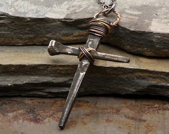 Mens Cross Necklace, Rusty Nails Pendant, Rustic Medieval Handmade Christian Jewelry, Gift for Him