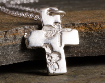 Cross Pendant Necklace DRAGONFLY FLOWER Sterling Silver Christian Women Jewelry, First Communion Confirmation Gift for Girls