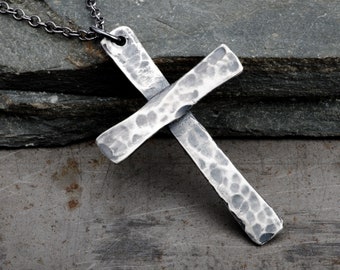 Mens Cross Necklace, Sterling Silver Pendant, Large Traditional Christian Cross, Handmade Rustic Religious Jewelry, Gift for Men