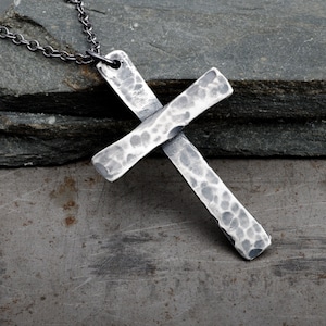 Mens Cross Necklace, Sterling Silver Pendant, Large Traditional Christian Cross, Handmade Rustic Religious Jewelry, Gift for Men