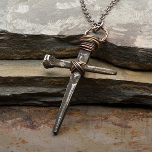 Mens Cross Necklace, Rusty Nails Pendant, Rustic Medieval Handmade Christian Jewelry, Gift for Him