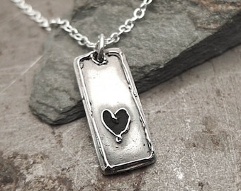 Womens Heart Necklace, Sterling Silver Pendant, Dainty Rectangle Tag, Rustic Handmade Jewelry, Gift for Women or Girls
