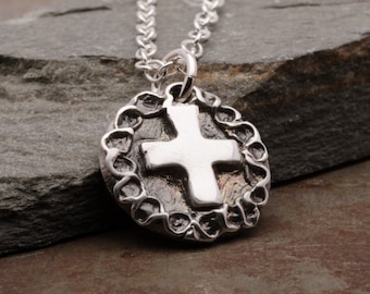 Womens Cross Necklace, Sterling Silver Pendant, Dainty Rosary Handmade Christian Jewelry, Gift for Women or Girls